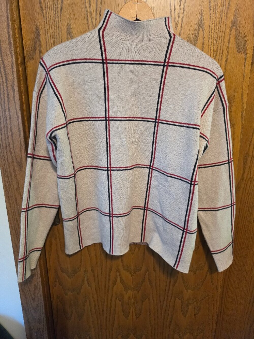 Tahari Windowpane Plaid Grid Knit Mock Neck Sweater Beige Red Large
